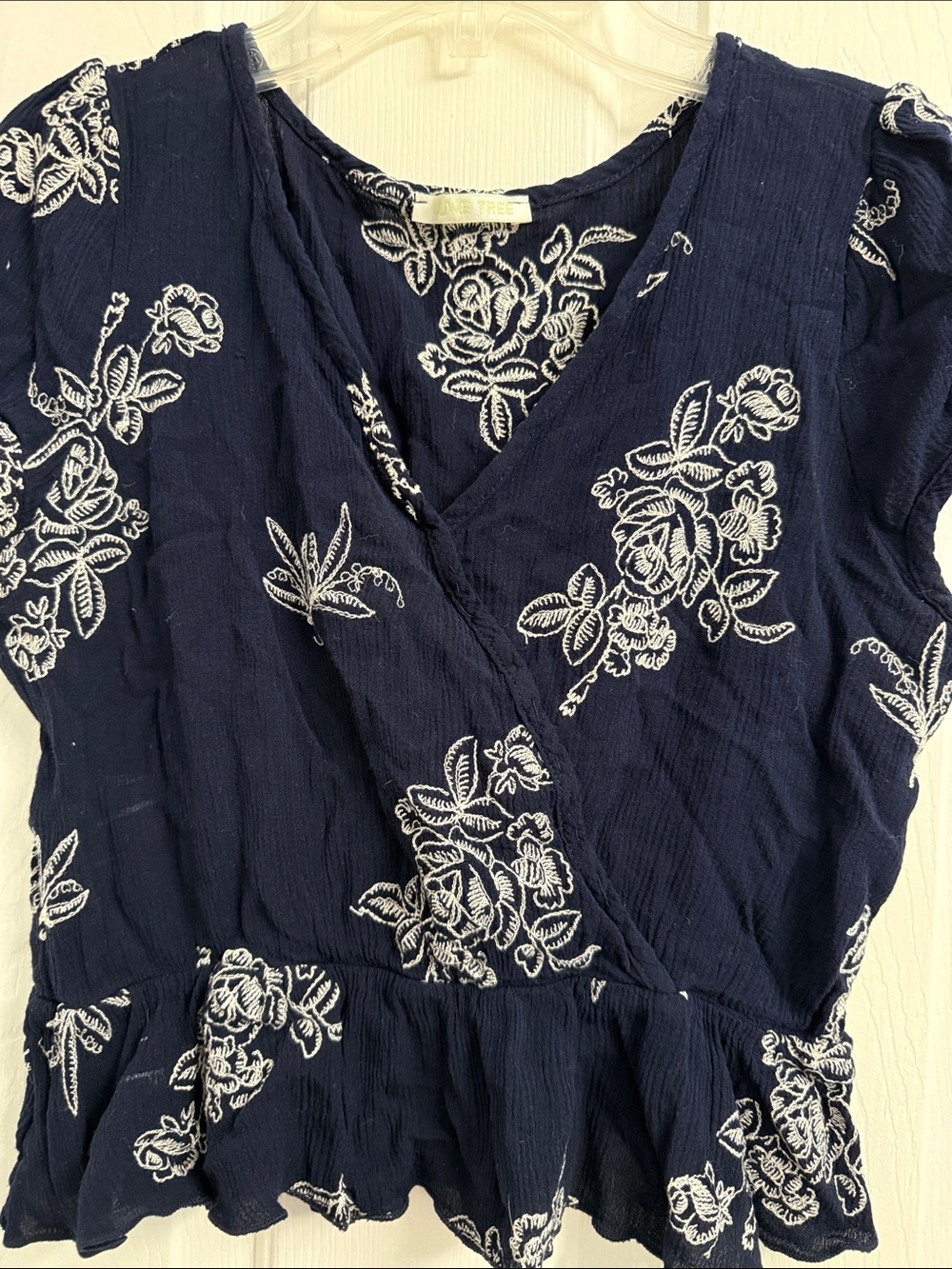 Women’s Navy Blue Floral Embroidered Wrap Blouse